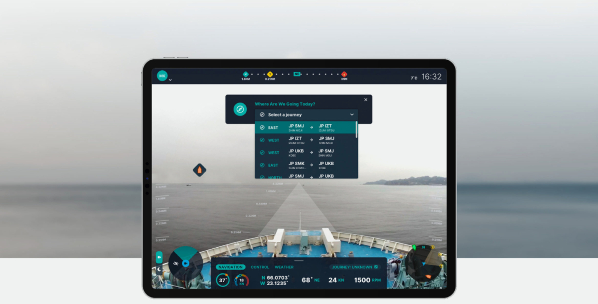 Close up of iPad showing ship navigation screen, over an open waterway.